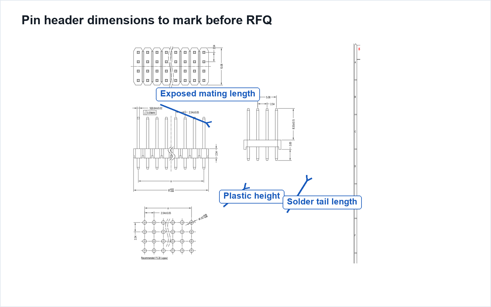 Pin header drawing showing exposed mating length, plastic height and solder tail length for RFQ review